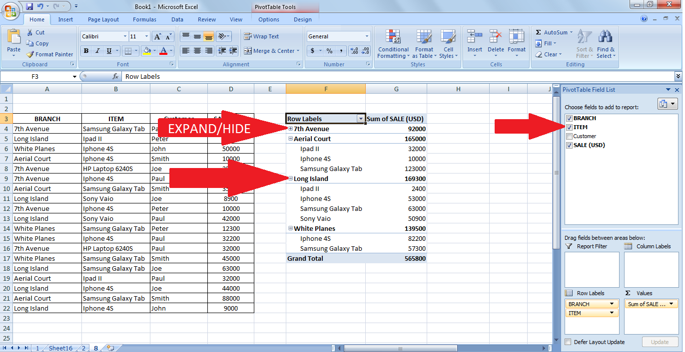 pivoting tables excel